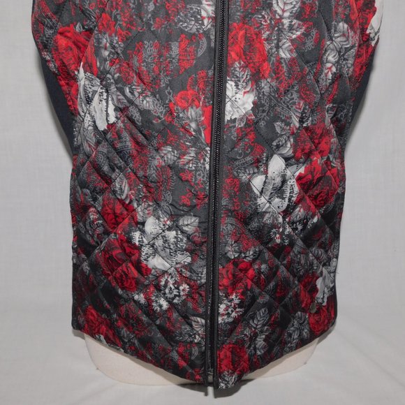 Northern Reflections Womens M Red Black Gray Roses Quilted Full Zip Vest - Picture 3 of 11